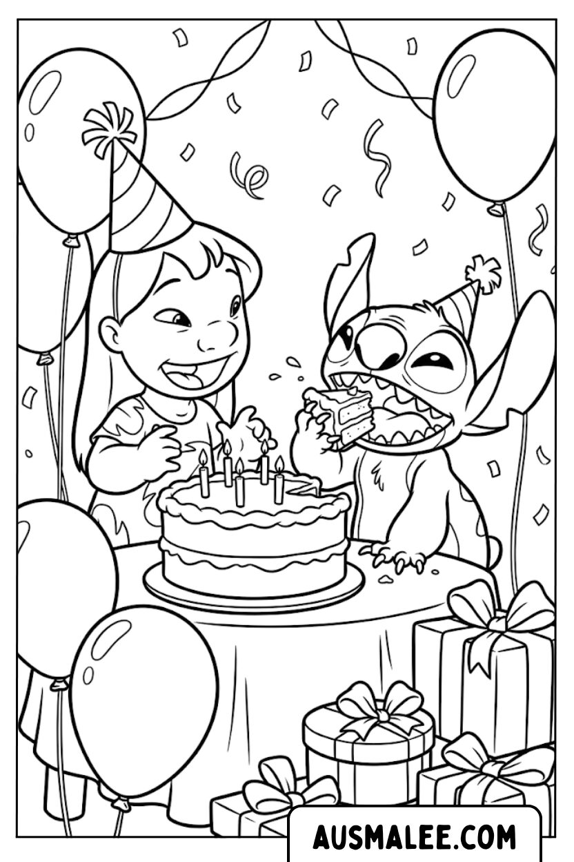 Coloriage Lilo Stitch Mangeant Un Gâteau