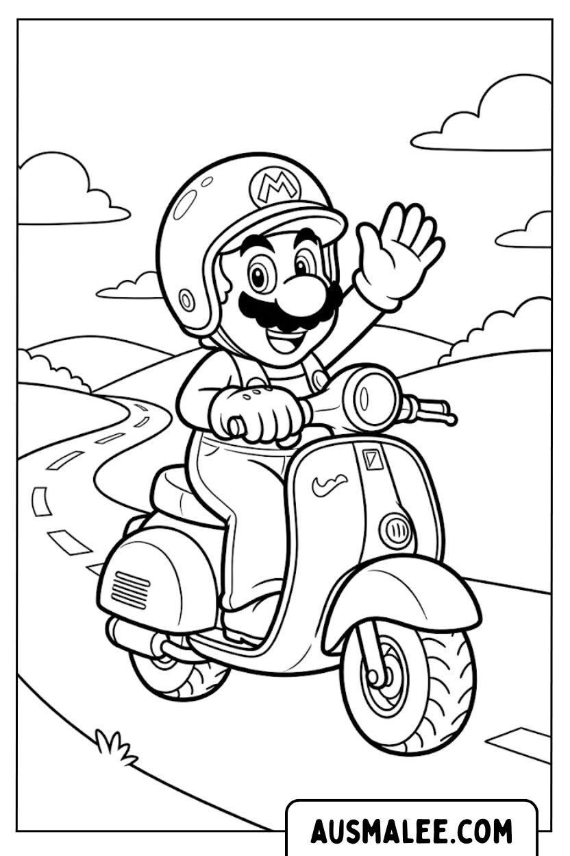 Mario op scooter kleurplaten