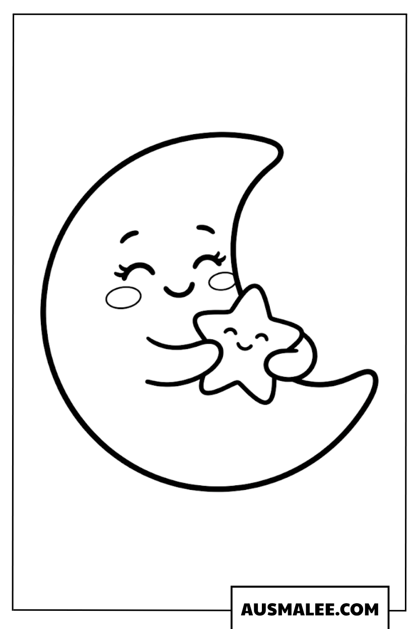 Coloriage Lune câlinant une étoile