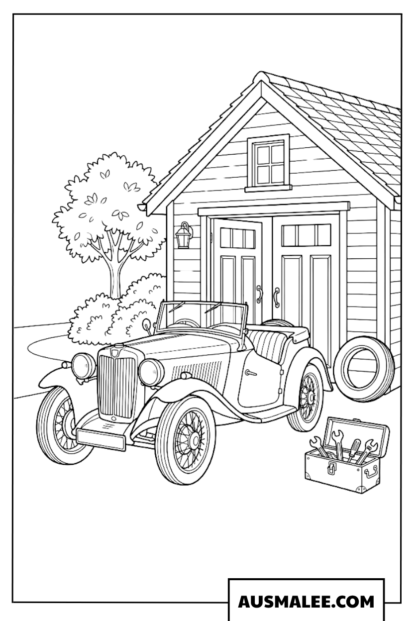 Coloriage Voiture ancienne devant la maison