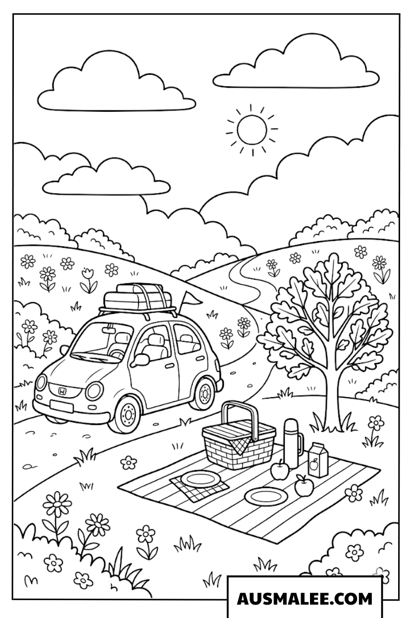 Coloriage Sortie pique-nique en voiture