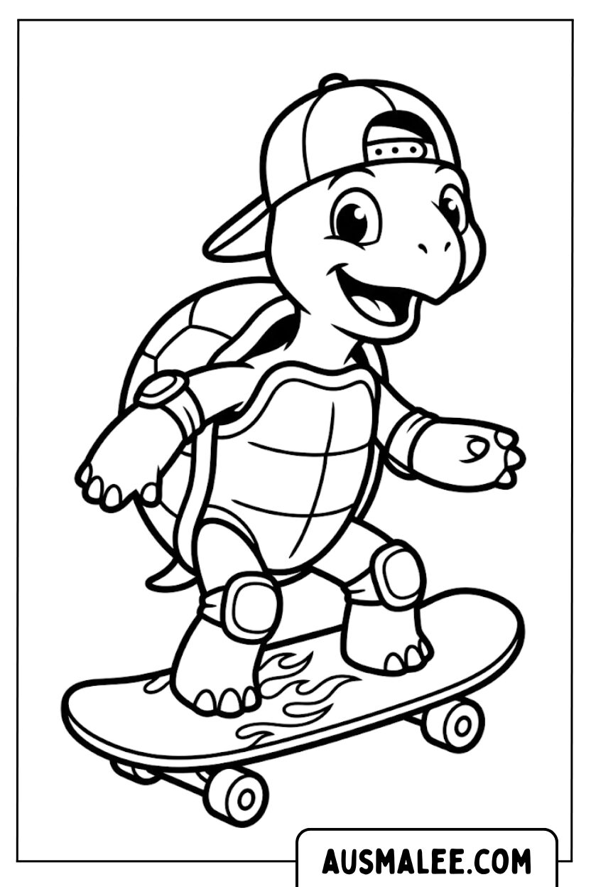 Schildpad op skateboard kleurplaten
