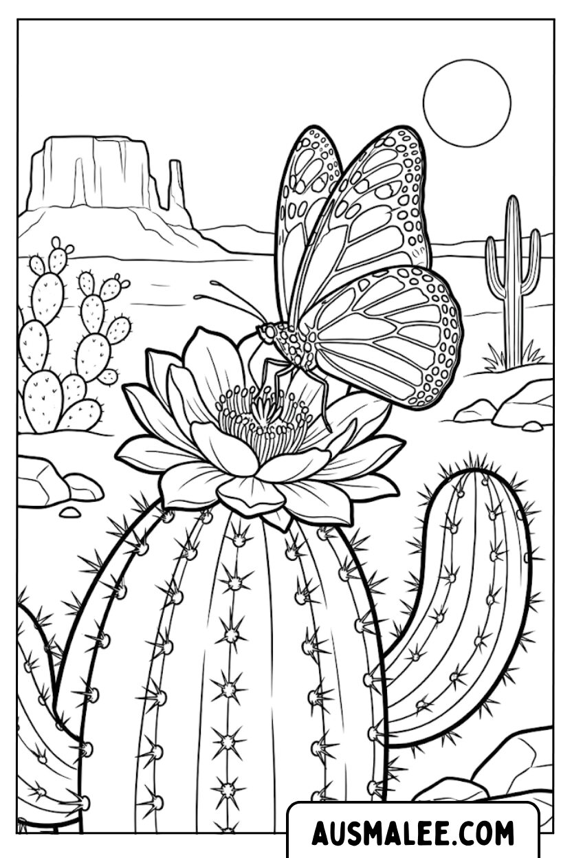 Kleurplaten vlinder cactus woestijn