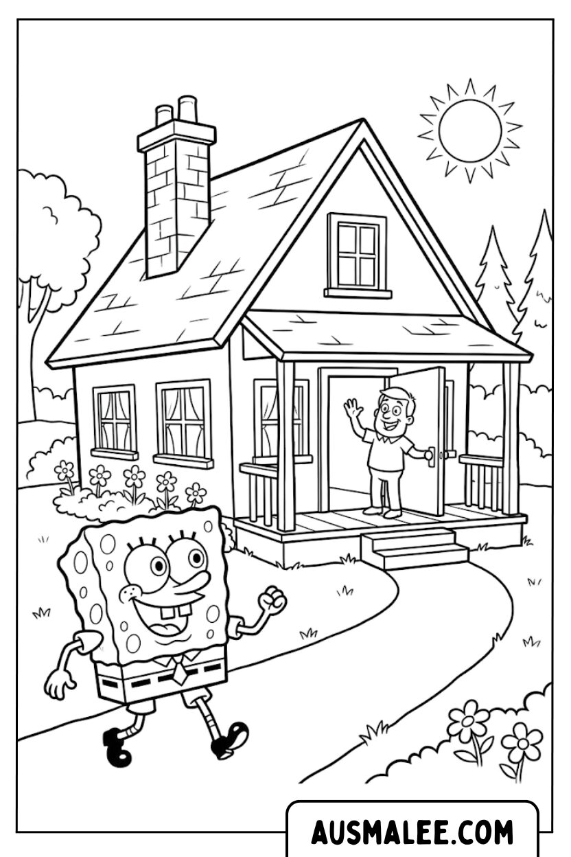 Kleurplaten SpongeBob huisbezoek