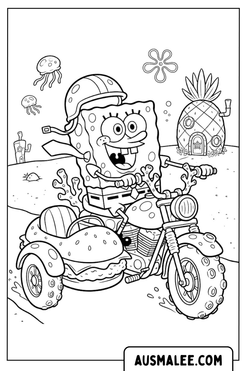 Kleurplaten SpongeBob op een motorfiets