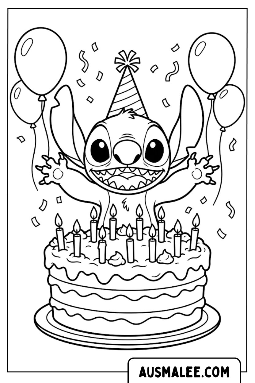 Coloriages Stitch bougies de gâteau d'anniversaire