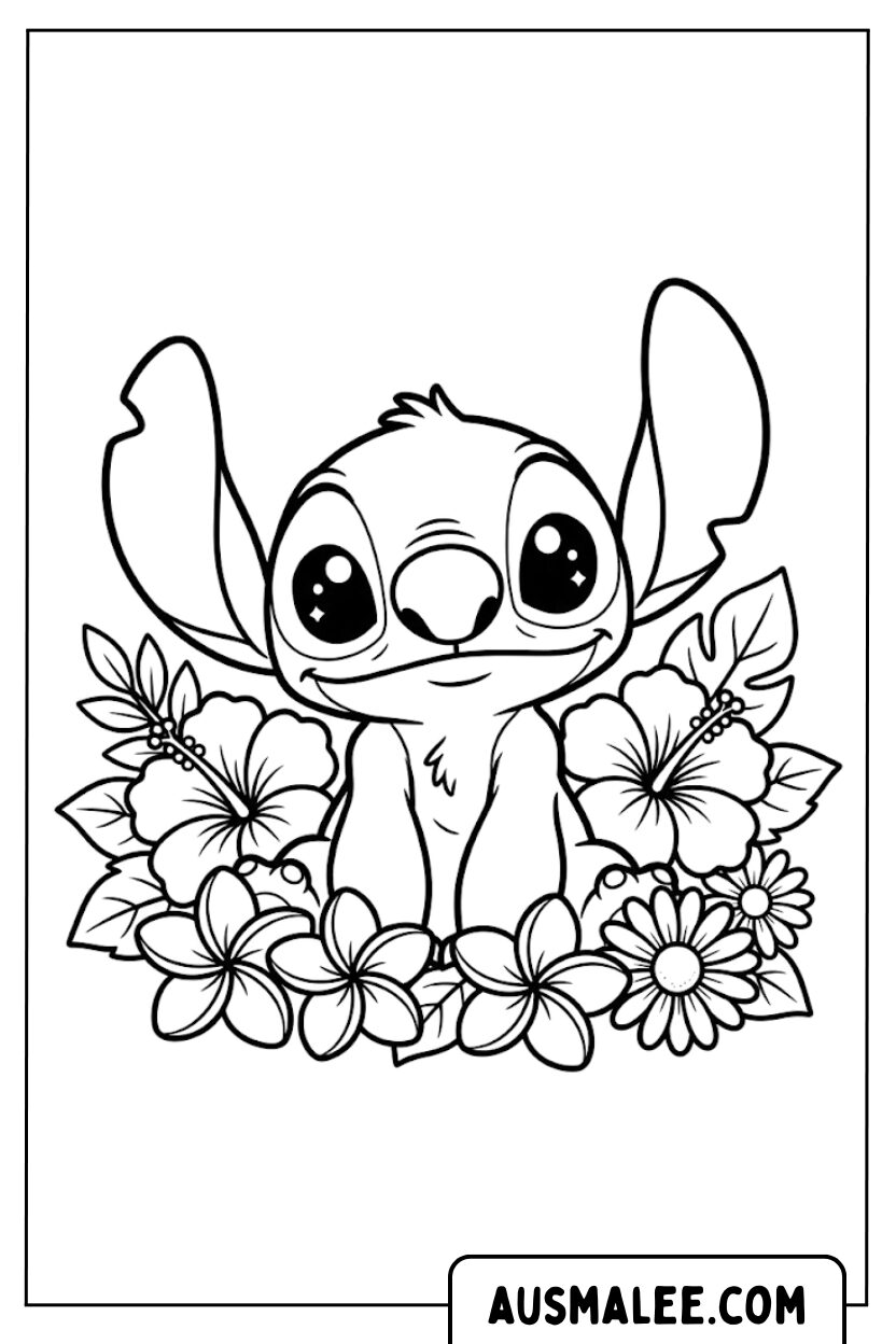 Stitch In Hibiscus Flowers Coloring Pages