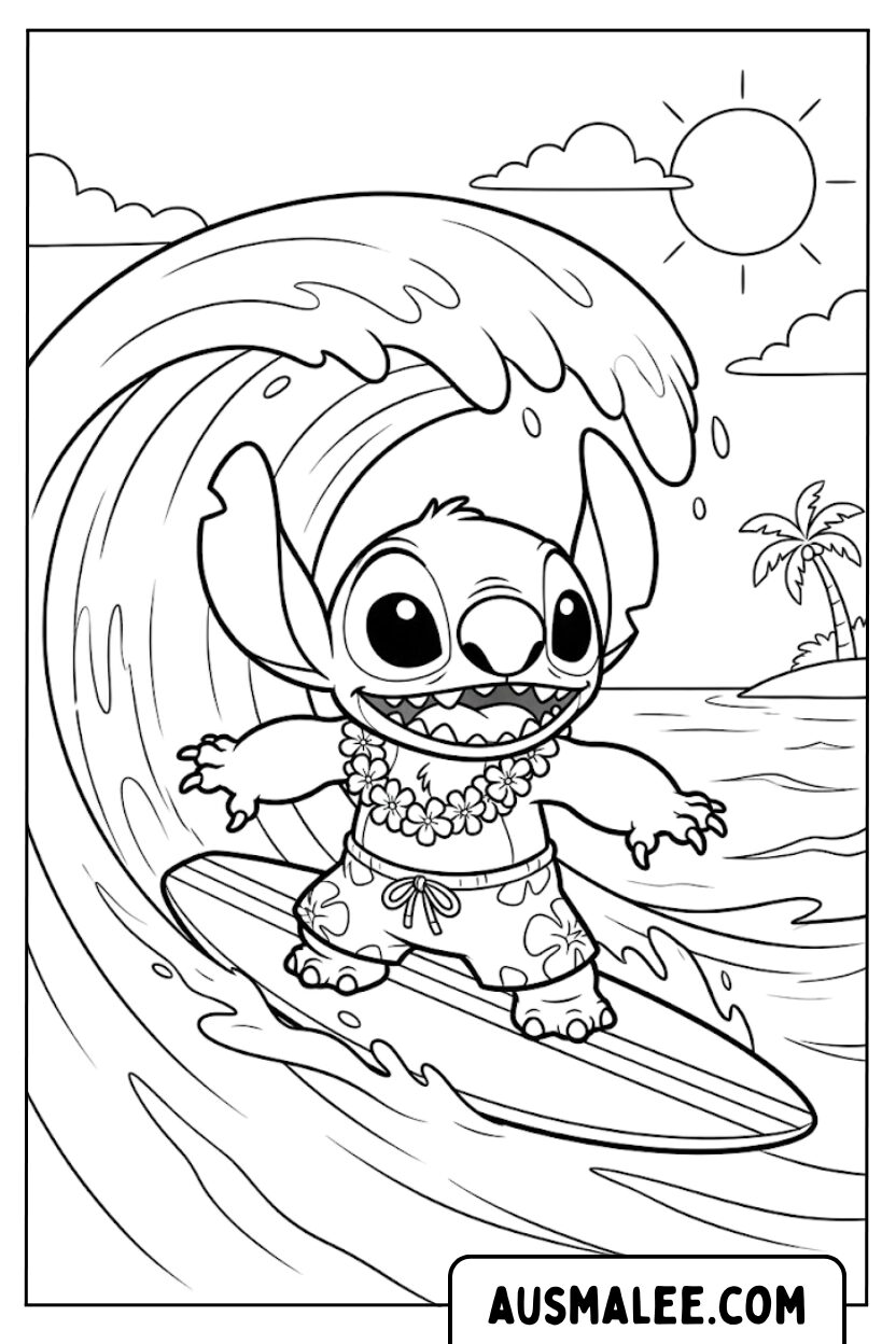Stitch surfing waves coloring pages