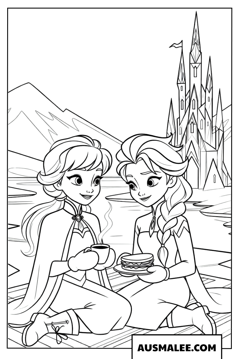 Kleurplaat Theetijd met Anna en Elsa