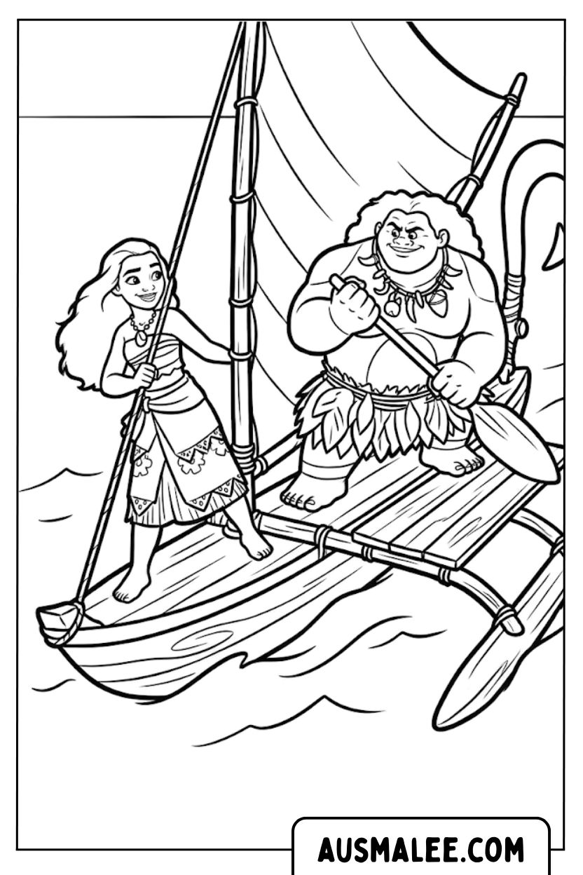 Moana on the boat coloring pages