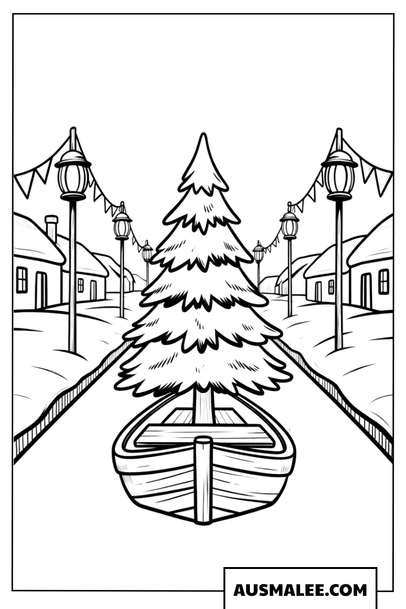 Christmas tree on a boat coloring page