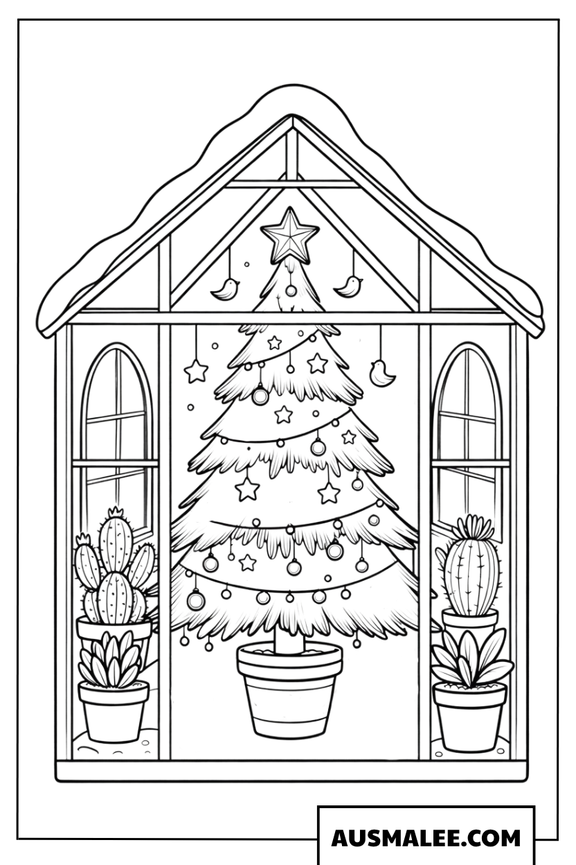 Christmas tree in a greenhouse coloring page