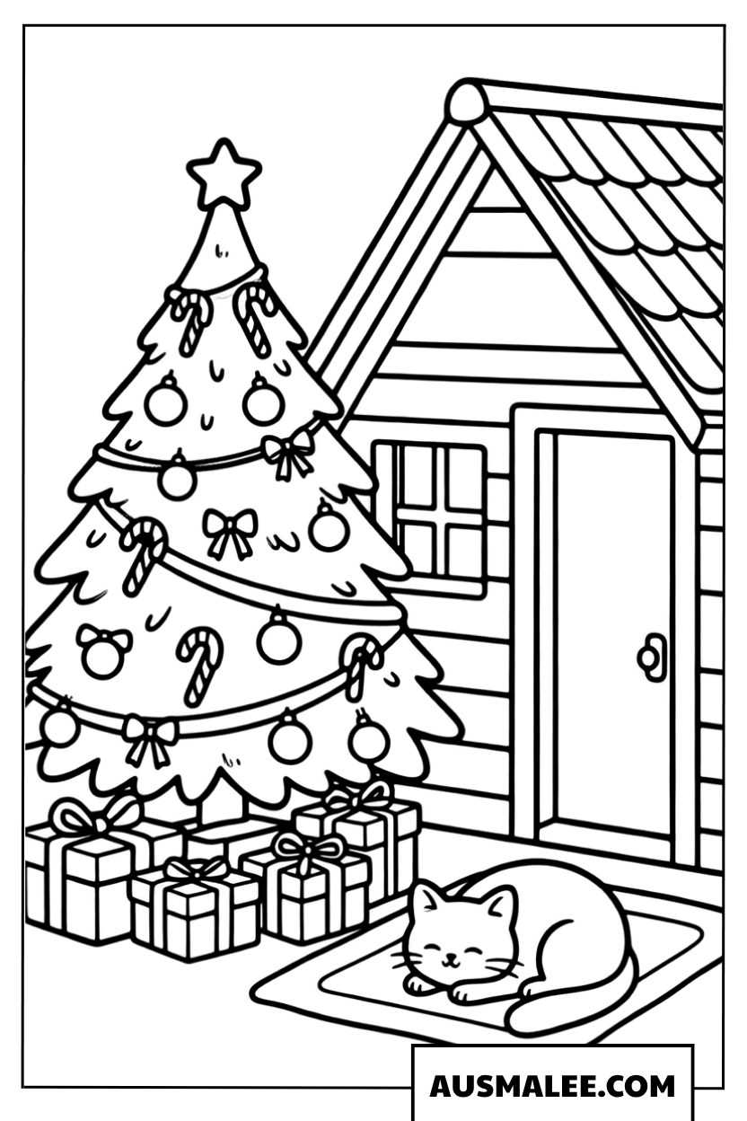 Christmas tree and sleeping cat coloring page