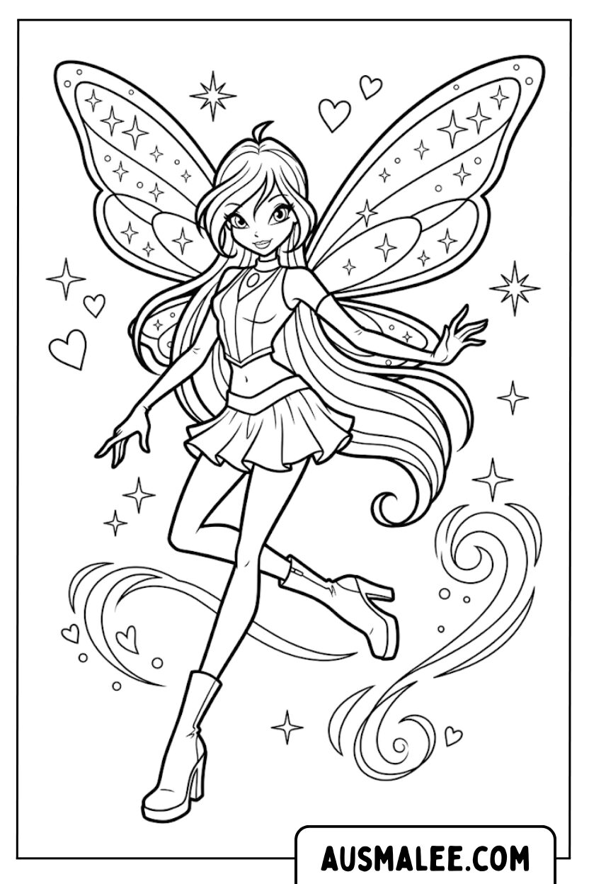 Coloring pages Winx Fairy Flying Hearts
