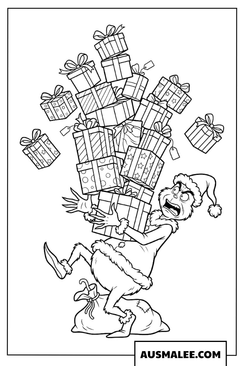 De Grinch die cadeaus stapelt kleurplaat