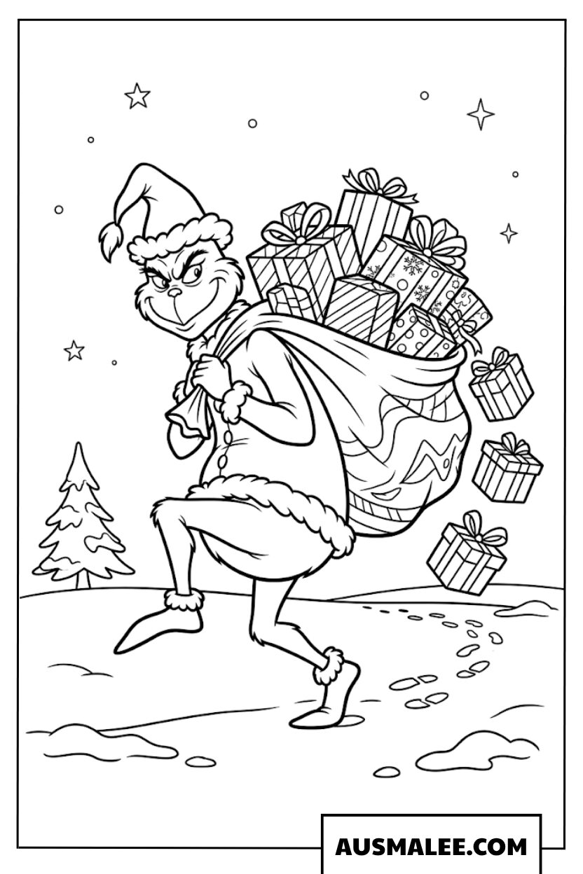 De Grinch met een zak vol cadeaus kleurplaat