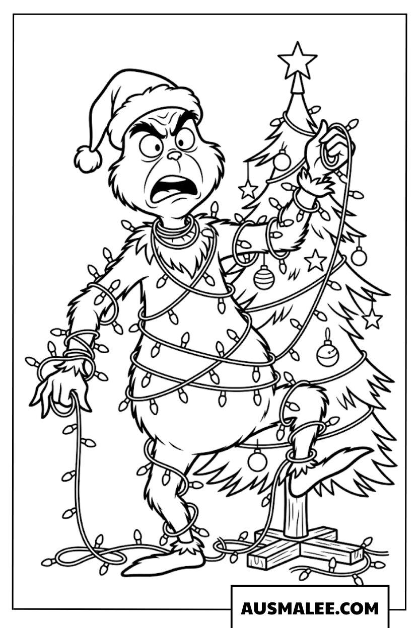 De Grinch bij de kerstboom kleurplaat