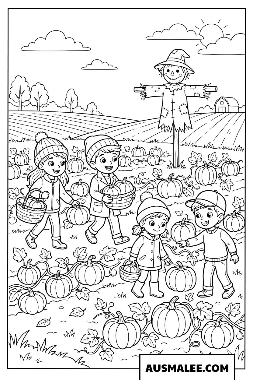 Enfants récoltant des citrouilles Coloriage