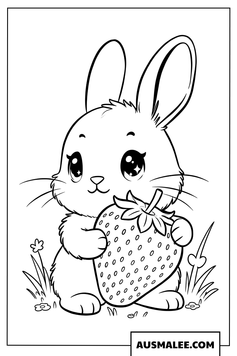 Coloriage d'un petit lapin tenant une fraise