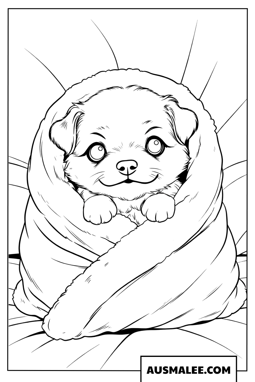 Coloriage d'un petit chien emmitouflé dans une couverture