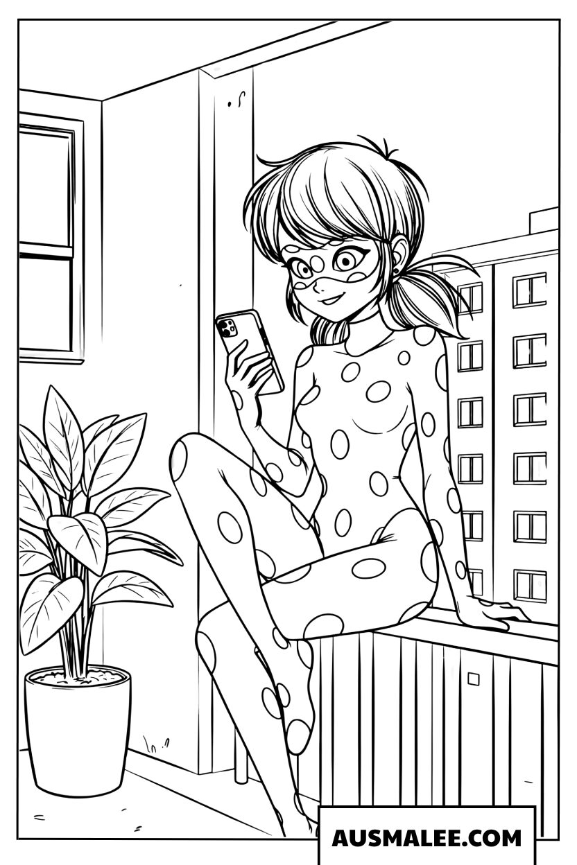 Ladybug entspannt mit dem Handy Ausmalbild