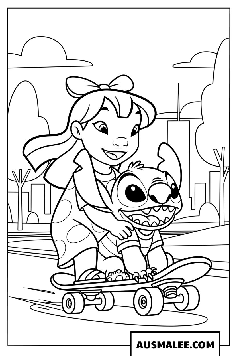 Lilo en Stitch op het skateboard kleurplaat