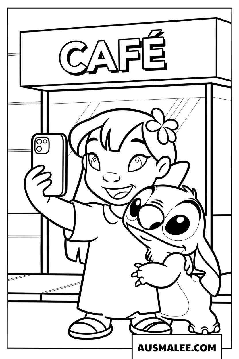 Lilo en Stitch maken een selfie kleurplaat