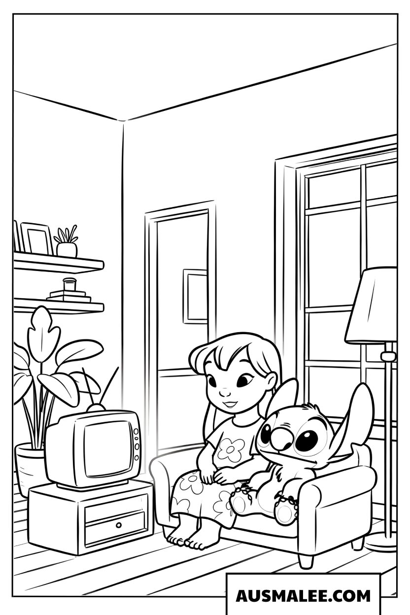 Lilo en Stitch kijken televisie op de bank kleurplaat