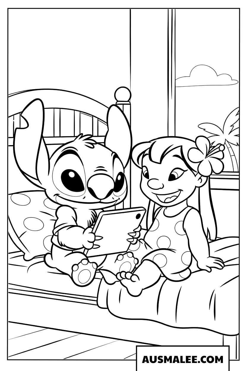 Lilo en Stitch kijken op een tablet kleurplaat