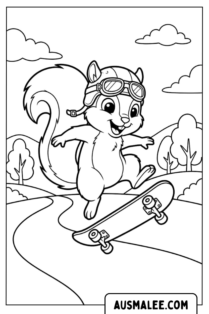 Kleurplaat eekhoorn rijdt op een skateboard
