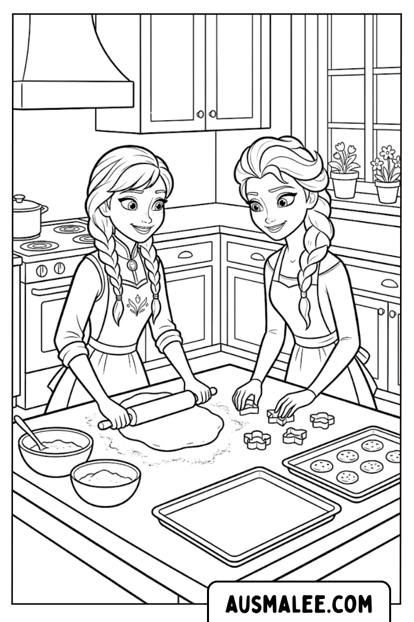 Kleurplaten Elsa en Anna bakken keuken