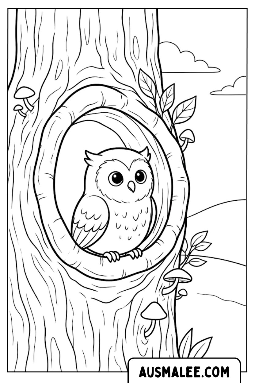 Coloriage hibou dans le creux d'un arbre