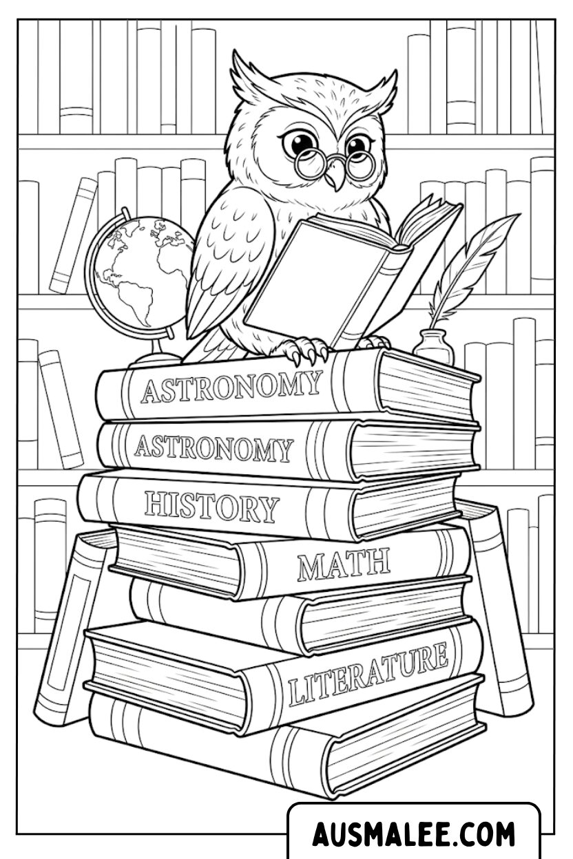 Coloriage hibou lisant des livres