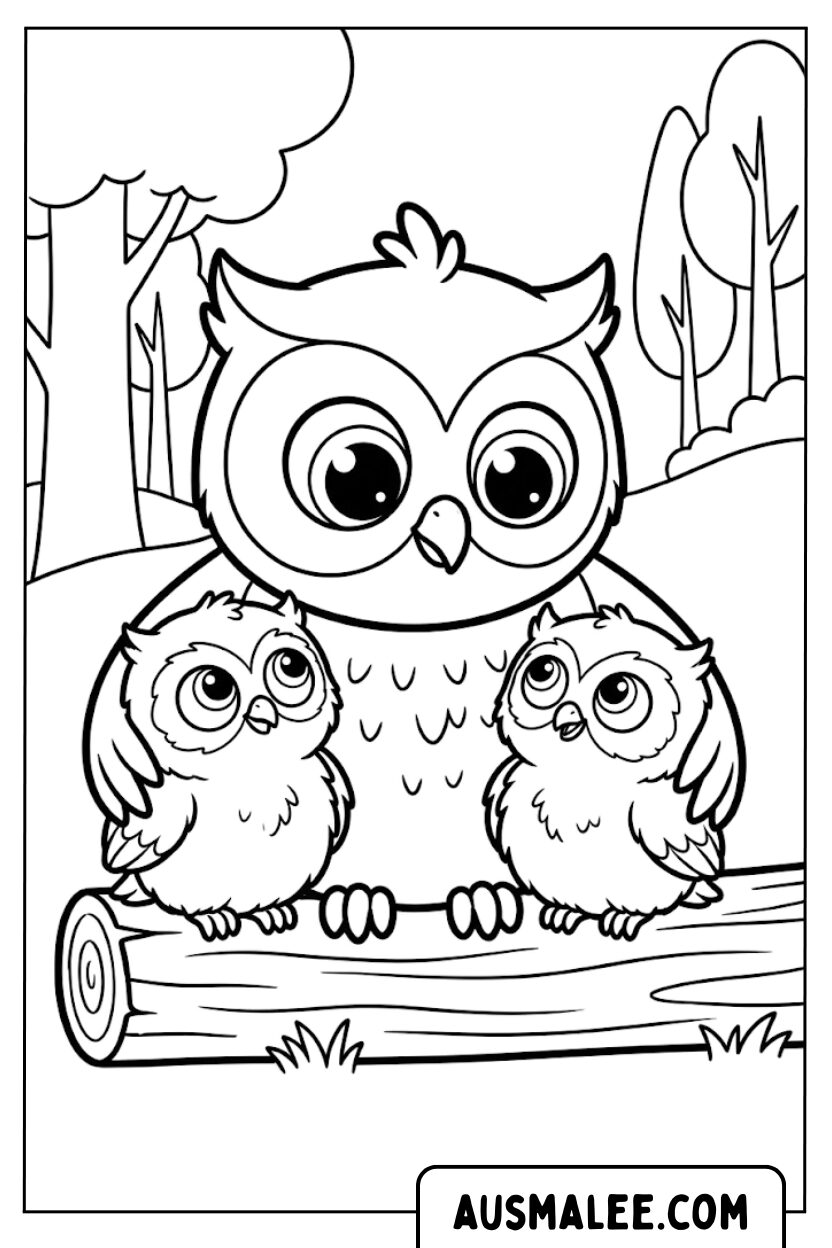 Coloriage hibou avec des poussins