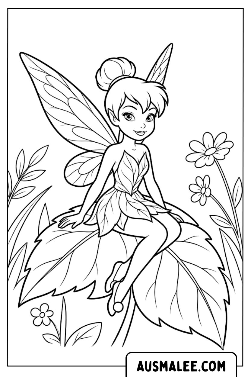 Coloring Page Fairy Sitting On Leaf