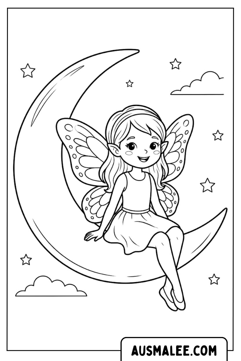 Coloring Page Fairy Sitting On Moon