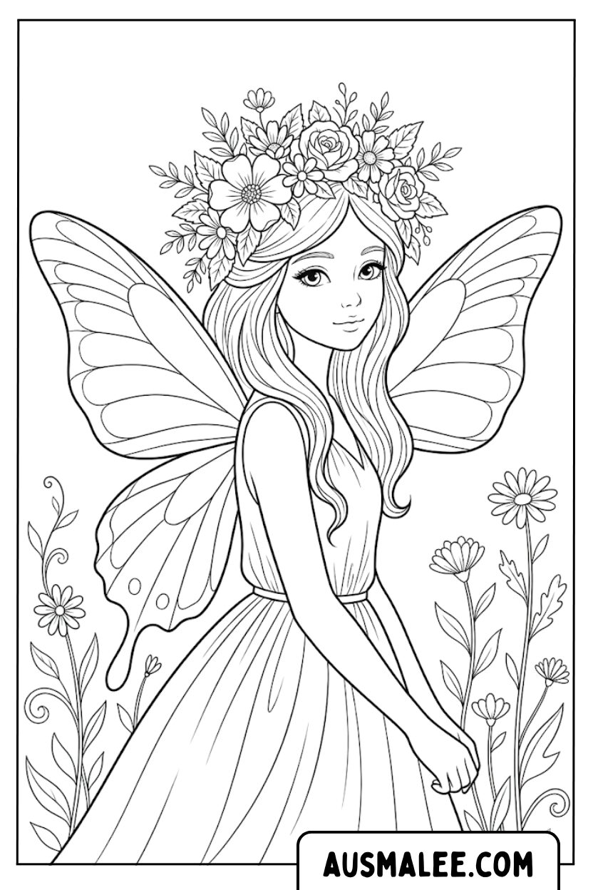 Coloring page fairy flower wreath butterfly wings