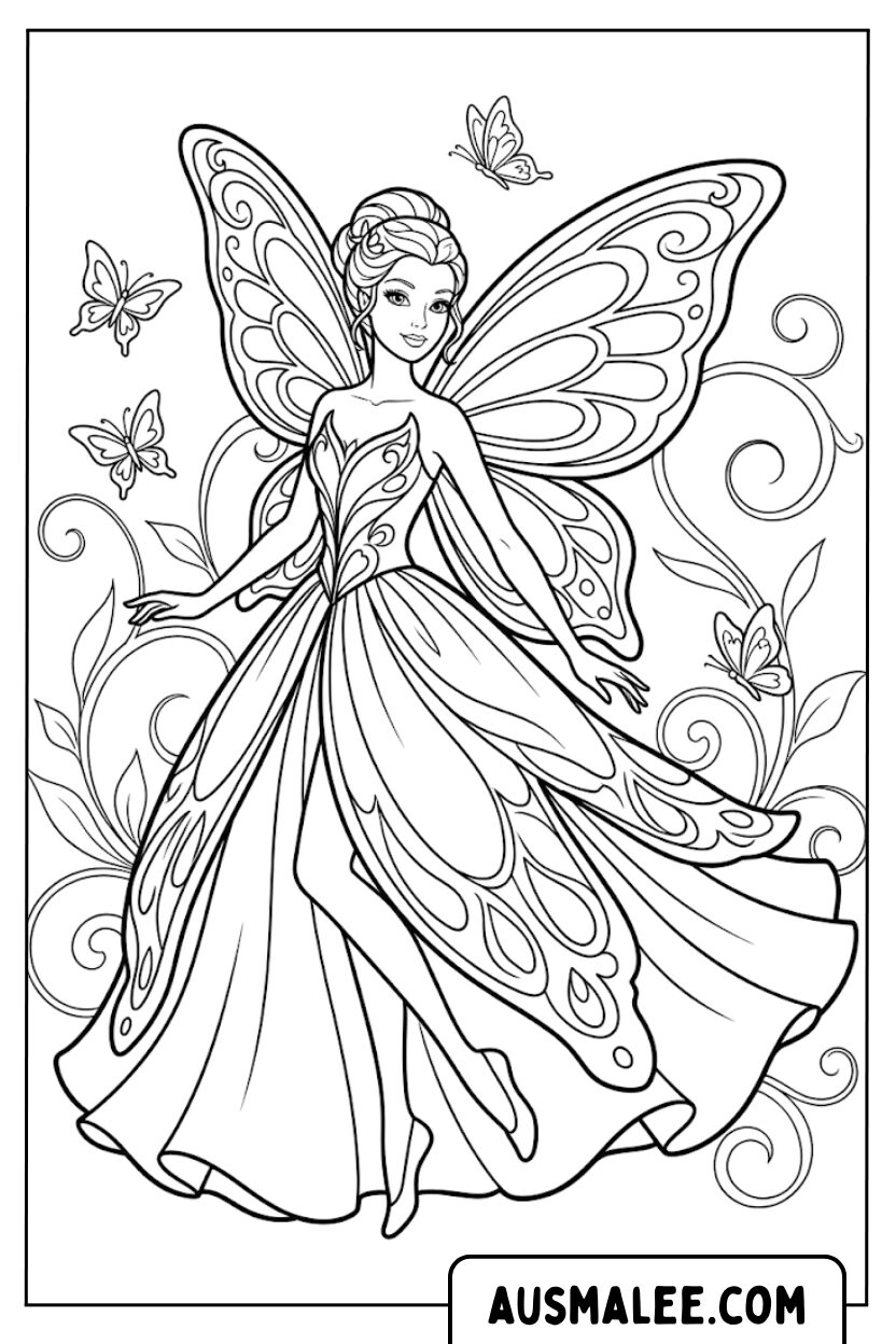 Coloring page fairy in butterfly dress