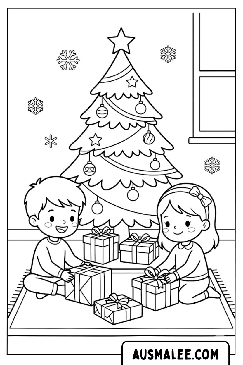 Coloring pages gifts under tree