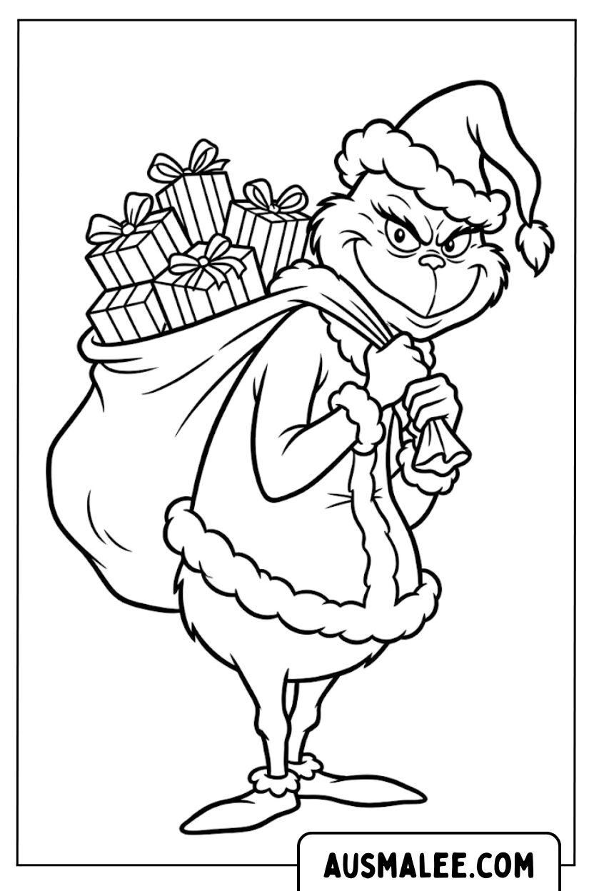 Kleurplaten grinch zak cadeaus