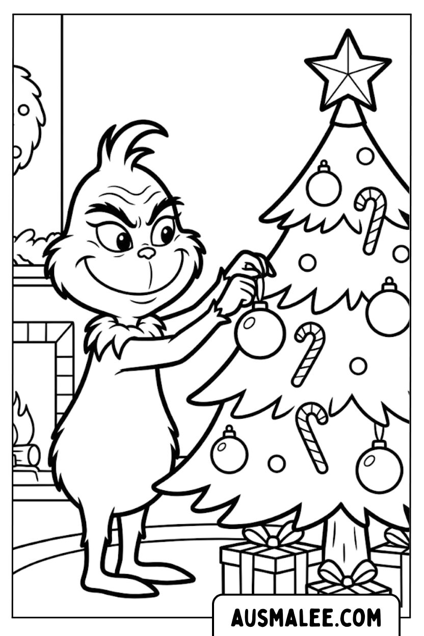 Kleurplaat Grinch versiert kerstboom