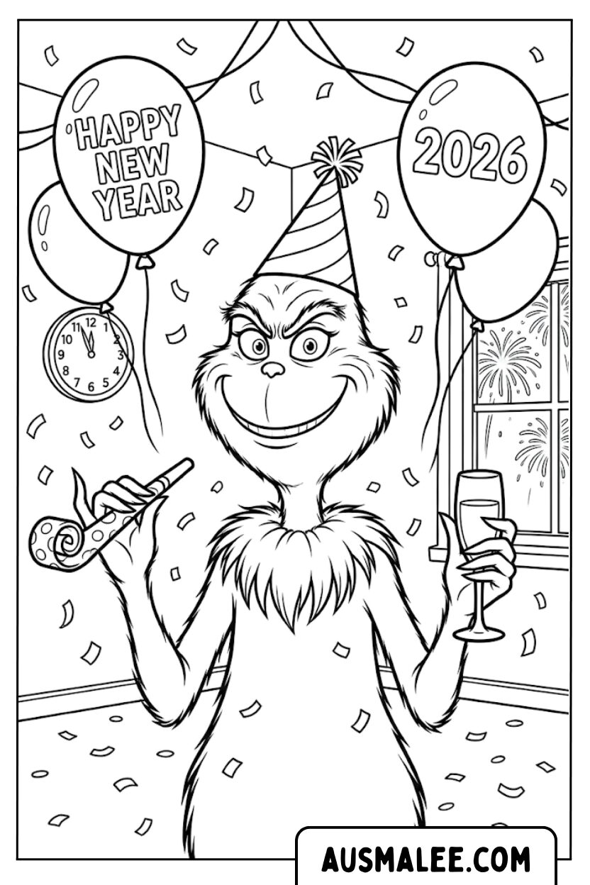 Kleurplaten Grinch Oudejaarsfeest 2026