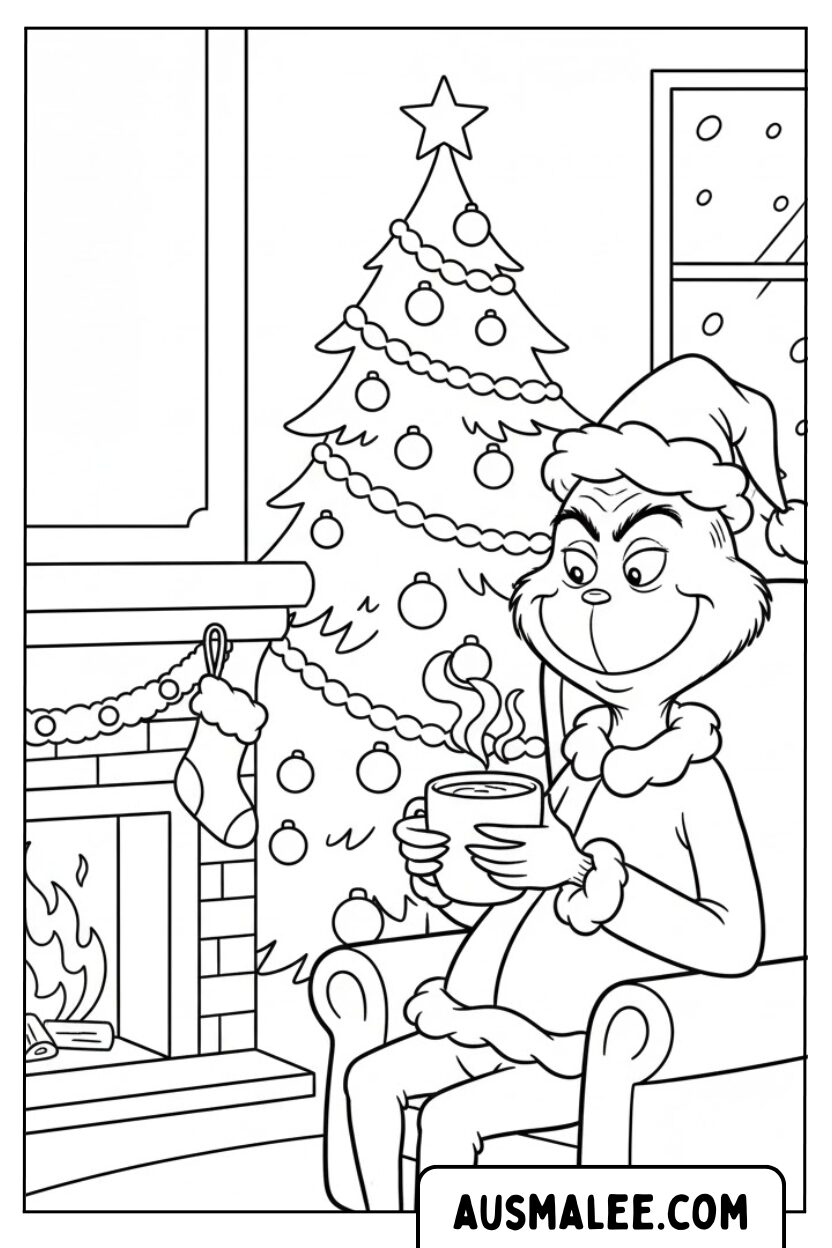 Kleurplaat Grinch drinkt cacao