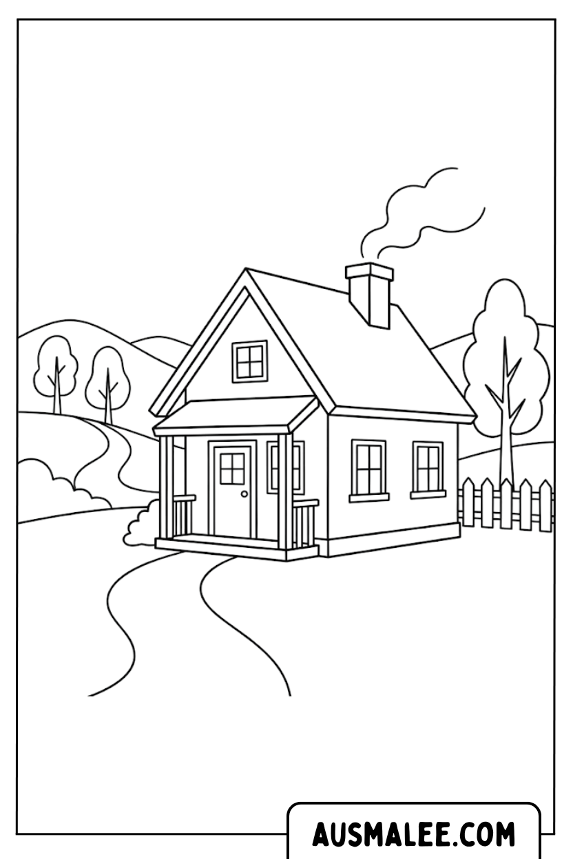 Kleurplaten huis landschap heuvels