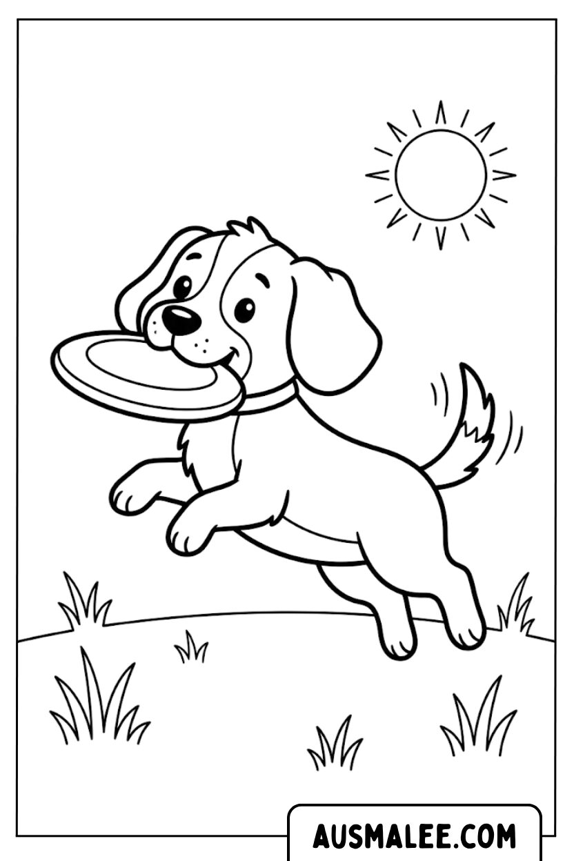 Coloriage - Chien attrapant un frisbee pour Colorier