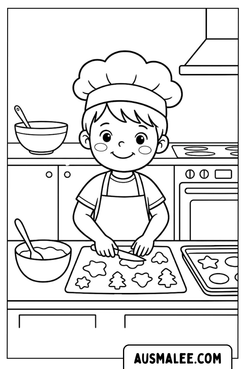 Coloriage garçon préparant des biscuits
