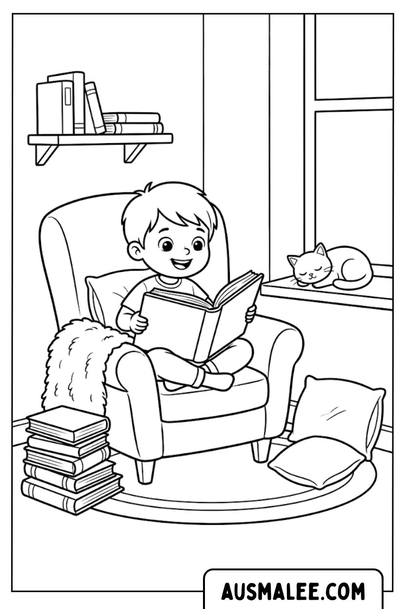Coloriage garçon lisant un livre