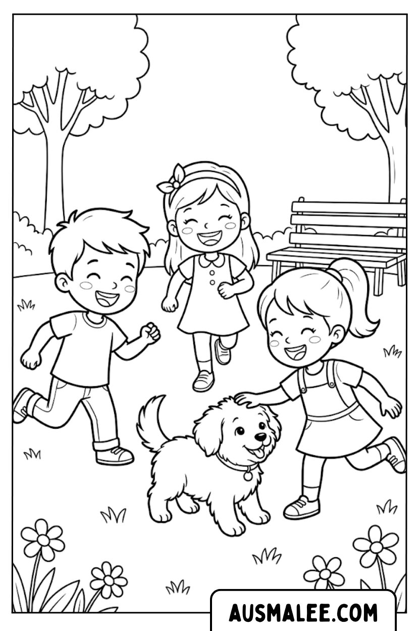 Coloriages enfants jouent au parc