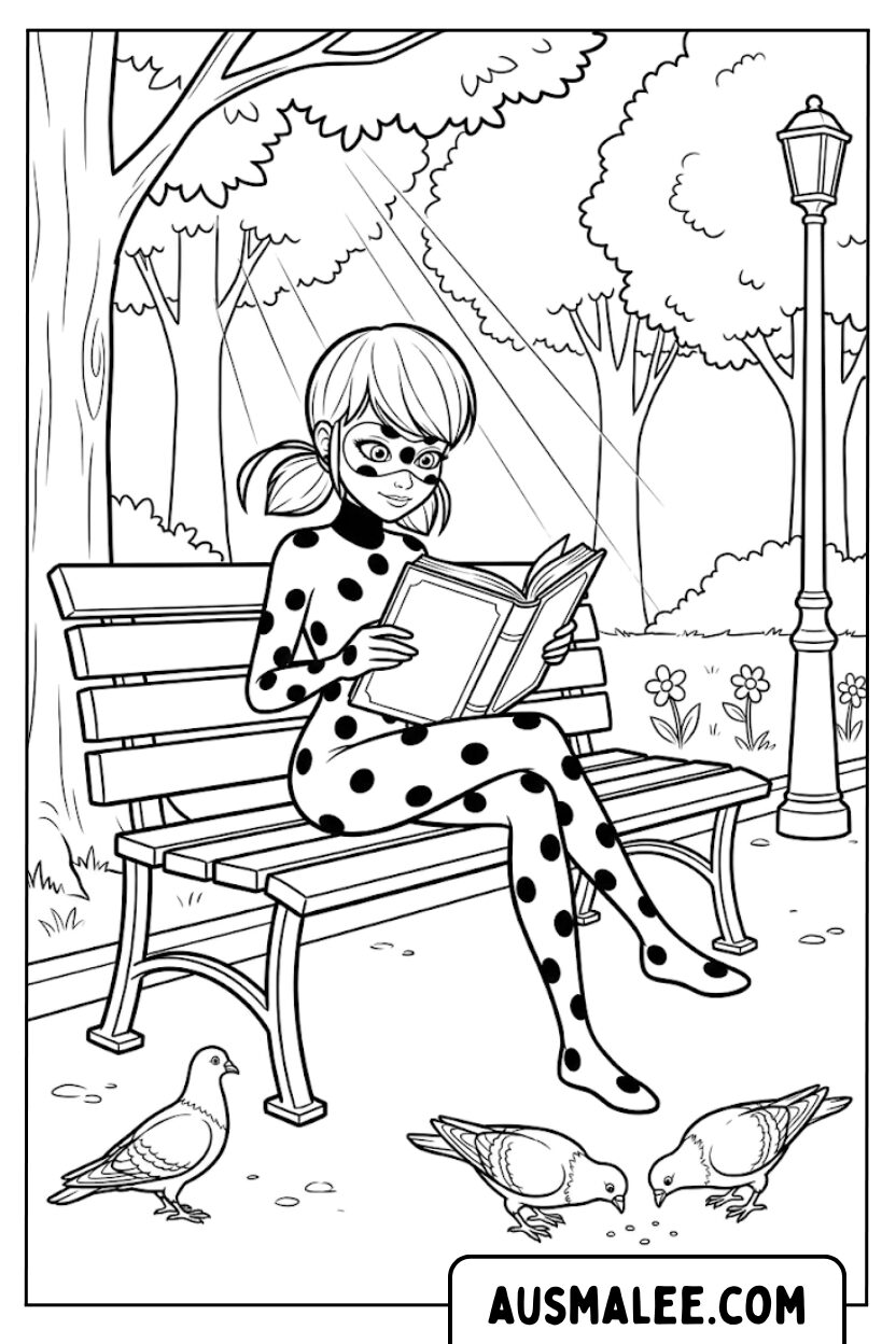 Ladybug Reading Bench Coloring Pages
