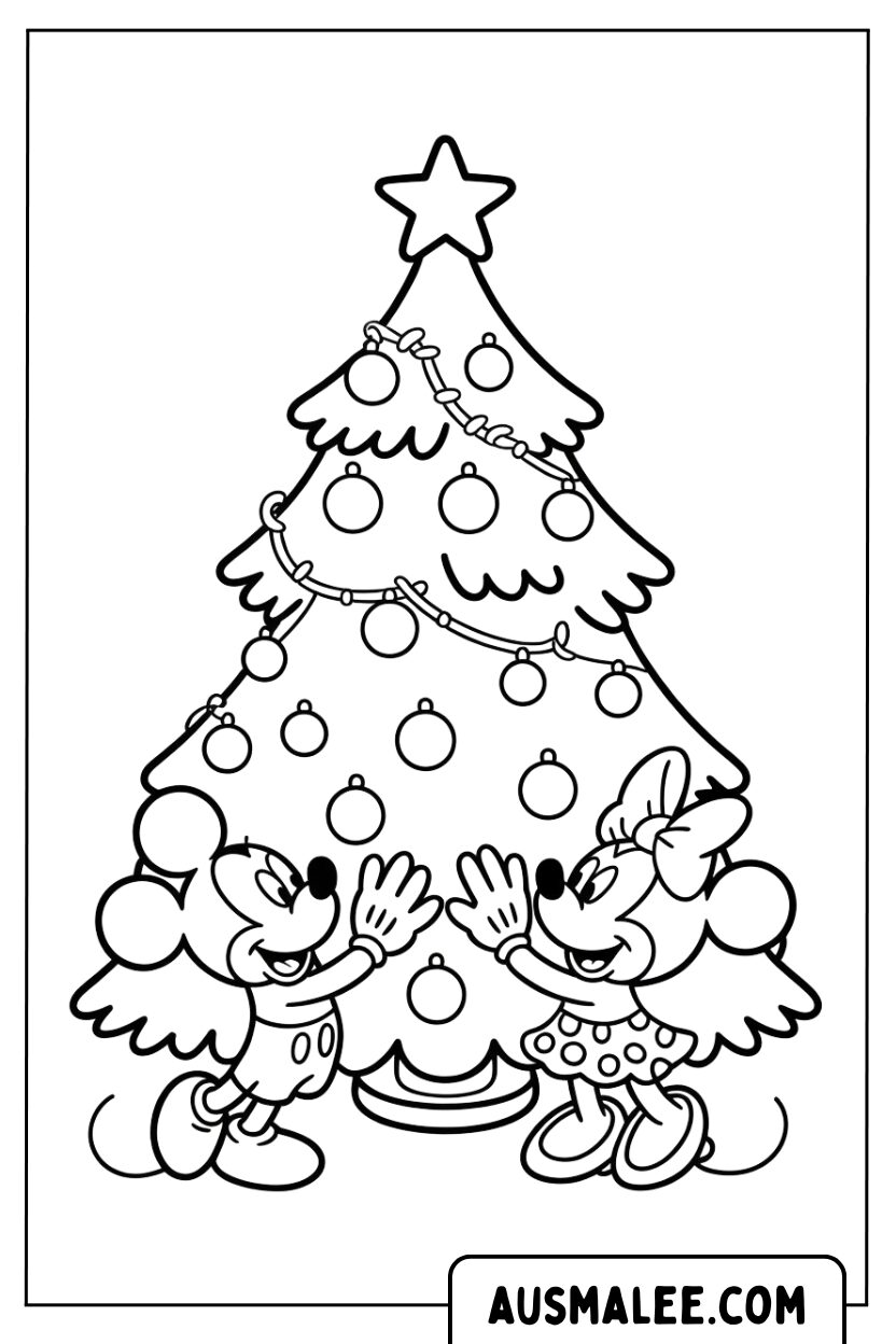 Coloring pages Mickey Minnie Christmas tree
